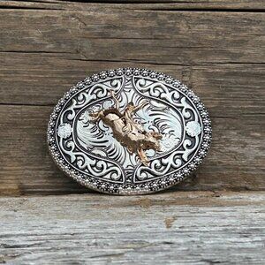 Gold Bull Rider Design Silver Oval Buckle